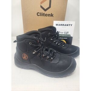 Clitenk Black Leather Steel Toe Work Boots Mens Size 9 Acid Oil Resistant